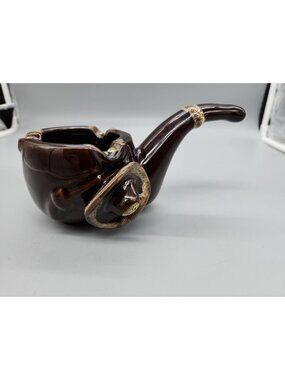 Vtg 1960s Ashtray/Planter Ceramic Pipe Shaped Brown Glaze cowboy hat